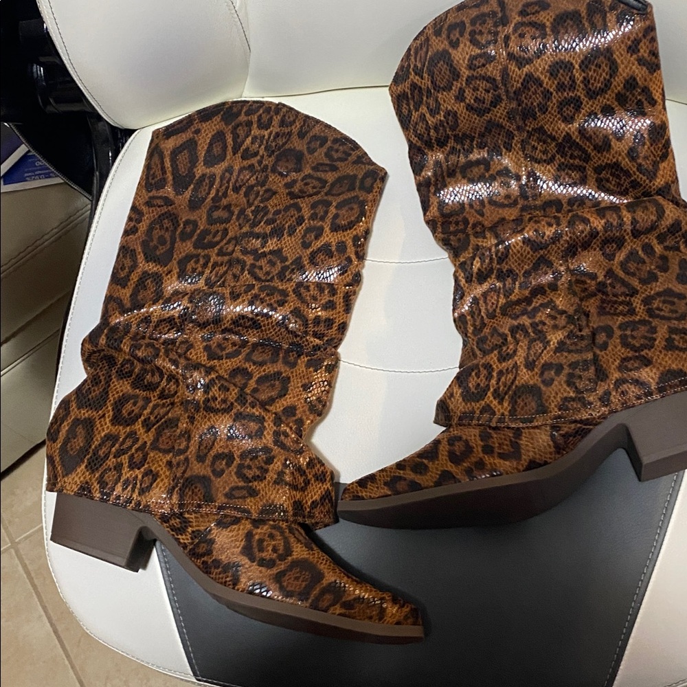 SHEIN Brown & Black Stacked Heel Tall Shaft Leopard Print Women's Boots - NWOT - Picture 7 of 12